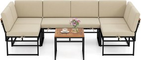 Conjunto jardim de 6 peças para exterior com móveis de metal e madeira de acácia, almofadas e mesa de café para jardim ou piscina, bege