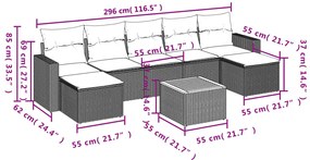 8 pcs conjunto sofás de jardim c/ almofadões vime PE cinzento