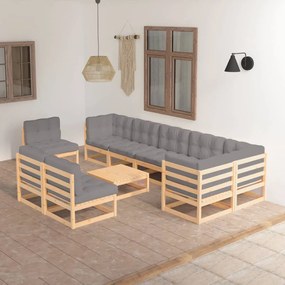 10 pcs conjunto lounge de jardim c/ almofadões pinho maciço