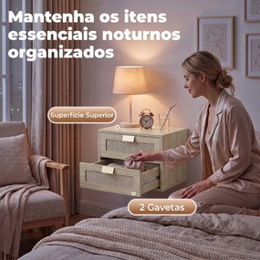 Conjunto de 2 Mesinhas de Cabeceira Suspensas com 2 Gavetas e Frente em Rotim Natural para Quarto 40x30x27,6 cm Carvalho