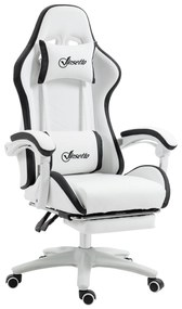 Vinsetto Cadeira gamer Couro PU Altura Ajustável Reclinável 135° Apoio Pés Retrátil Design Moderno 65x65x121-129 cm Branco Preto | Aosom Portugal