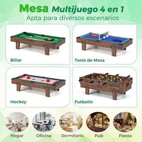Mesa de jogos 4 em 1 81 x 43 x 30,5 cm com matraquilhos, bilhar, pingue-pongue e hóquei para crianças Café