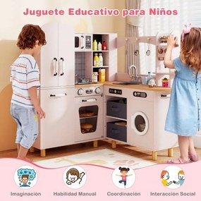 Cozinha de brincar de canto em madeira 96 × 91 × 105 cm com frigorífico de porta dupla, cafeteira, máquina de lavar roupa, 12 acessórios, luzes e sons
