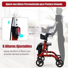 Andarilho 2 em 1 dobrável para idosos com assento Rodas Pegas Altura ajustável Duplo sistema de travões 79,5 x 61,5 x 83-96 cm Vermelho