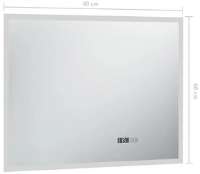Espelho de parede LED c/ sensor tátil e relógio p/ WC 80x60 cm