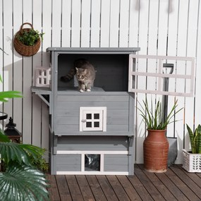 PawHut Casa para Gatos de Madeira Exterior Casa Grande para Gatos de 3