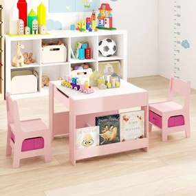 Conjunto de Mesa e 2 Cadeiras Infantis, 61,5 x 61,5 x 48 cm, Quadros de Giz e Branco Reversíveis, Rosa