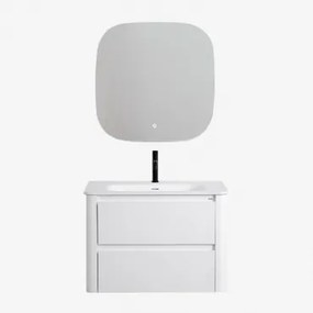 Conjunto De Móvel De Casa De Banho Suspenso Em Madeira Com Lavatório Integrado Egerton Branco & Quadrado Led E Anti-embaciamento 75x75 Cm - Sklum