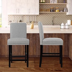 Conjunto de 2 bancos de bar em altura de balcão com pernas de madeira em tecido de linho respirável para cozinha 42,5 x 53 x 96 cm Cinzento