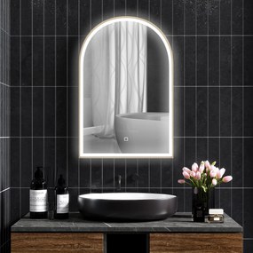 Espelho de casa de banho LED 90 x 60 cm, de parede, 3 cores, moldura arqueada em alumínio, antiembaciamento e interruptor tátil