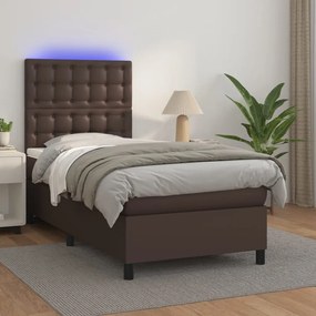 Cama box spring c/ colchão/LED 80x200 cm couro artif. castanho