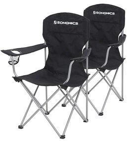 Conjunto 2 cadeiras de campismo dobráveis, carga máx. ~150 kg, porta-copos, cor preta