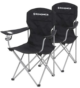 SONGMICS Conjunto de 2 cadeiras dobráveis ​​de acampamento, estrutura confortável e resistente, máx. Capacidade de carga 150 kg, com porta-copos, cadeiras de exterior, preto GCB08BK