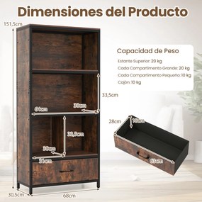 Estante de 4 níveis 68 x 30,5 x 151,5 cm com 4 compartimentos abertos e gaveta dobrável em tecido; Estrutura metálica para quarto ou escritório, em ca