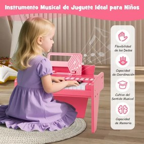 Teclado de piano para crianças 38 x 23 x 27 cm com 25 teclas digital em madeira com velocidade e volume ajustáveis Modo de ensino Rosa