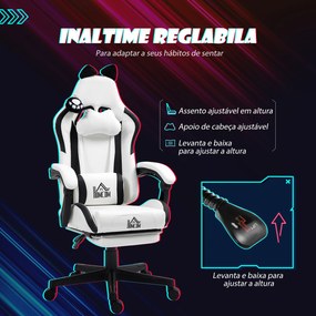 Cadeira Gaming com Orelhas Cadeira Gamer Reclinável com Altura Ajustável e Suporte Lombar 65x62x116-124 cm Branco