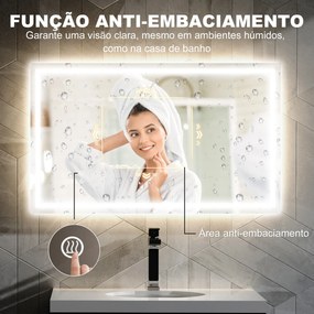 Espelho Casa de Banho com Luz LED 100x60 cm Espelho de Parede com Iluminação Anti-Embaciamento Brilho Ajustável e Interruptor Tátil