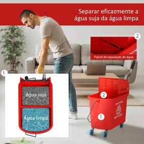 Balde de Limpeza 20L com Rodas e Espremedor Balde para Esfregona com Separador de Água 60x27x70,5 cm Vermelho