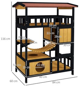 Casa para Gatos de Madeira 84x60x116 cm Abrigo para Gatos de 4 Níveis para Exterior com Ponte Suspensa Varanda Natural
