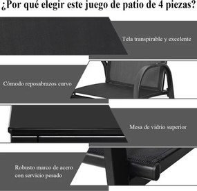 Conjunto Jardim de Mesa de Centro, 2 Cadeiras, Banco e Mesa de Centro de Jardim em Ferro e Malha para Terraço Exterior Preto