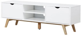 HOMCOM Móvel de TV para Televisores de até 65 Polegadas com 2 Armários Prateleiras Abertas e Puxador Oco 150x39x50 cm Branco e Madeira
