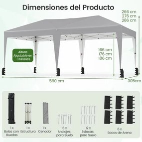 Tenda dobrável 590 x 305 x 266 cm exterior com estacas, cordas de fixação, sacos de areia e rodas para 6-8 pessoas festas, eventos, feiras Cinzenta