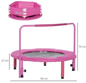 ZONEKIZ Trampolim Infantil 3 em 1 Trampolim para Crianças de 1-6 Anos com Corrimão Amovível Mini Trampolim para Interior Ø96x74cm Rosa