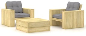 3 pcs conjunto lounge de jardim com almofadões pinho impregnado