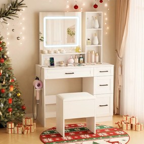 Toucador de maquilhagem com espelho e luzes 90 x 40 x 140 cm, com banco, espaço de arrumação, tomadas, tampo em vidro, 3 cores, luz regulável, branco