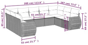 9 pcs conjunto sofás p/ jardim com almofadões vime PE cinzento
