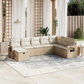 8 pcs conjunto de sofás p/ jardim com almofadões vime PE bege