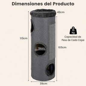 Arranhador para Gatos, 43 x 43 x 113 cm, 3 Grutas de Refúgio, Cinzento escuro