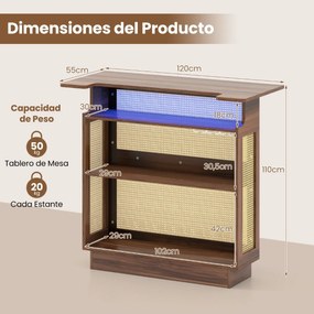 Mesa de bar com luz LED RGB e controlo por aplicação 120 x 55 x 110 cm em rattan com 3 suportes para copos e prateleiras Castanho