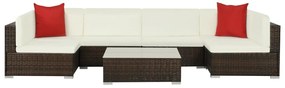 7 pcs conjunto lounge jardim c/ almofadões vime PE castanho