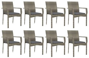 9 pcs conjunto de jantar p/ jardim c/ almofadões vime PE cinza