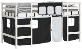 Cama alta criança c/ cortina 90x190cm pinho maciço branco/preto