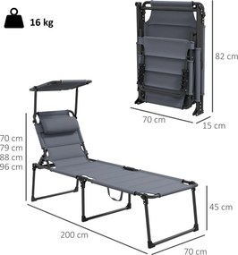 Conjunto de 2 espreguiçadeiras dobráveis de grande conforto, com encosto e capota ajustáveis em várias posições, cinza