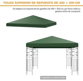 Toldo de substituição para tenda de 300 x 300 cm de poliéster para pátio com orifícios de drenagem em velcro verde