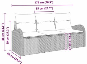 Conjunto de Sofá de Jardim 3 Peças com Almofadas Pretas de Rattan e Po