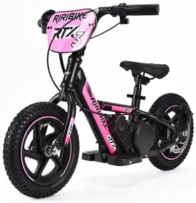 Bicicleta eléctrica para crianças RIRIBIKE RTX3 24V (12"), bateria de lítio, motor de 100W, travão de disco, assento ajustável em PU macio Rosa