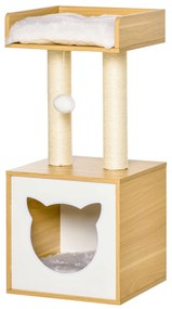 PawHut Árvore Gatos 2 Níveis Caverna Superior Postes Sisal Natural Almofadas Laváveis 35x35x81cm Carvalho