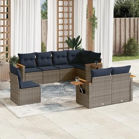 8 pcs conjunto sofás p/ jardim c/ almofadões vime PE cinzento
