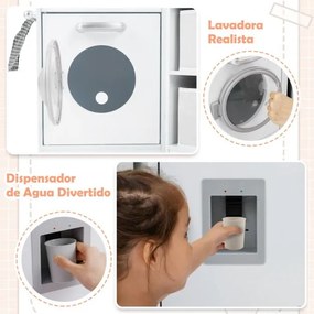 Cozinha Brincar de madeira para crianças 102 x 51 x 85 cm com luzes e sons, exaustor iluminado, sistema de água com dispensador e máquina de lavar par