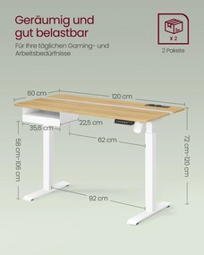 Secretária elétrica com altura ajustavel com 2 tomadas e 2 portas USB; e gaveta 60 x 120 x (72-120) cm carvalho dourado, branco