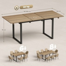 Mesa de jantar retangular extensível com extensão de 140 a 180 cm para 6 a 8 pessoas (CADEIRAS NÃO INCLUIDAS), com efeito de madeira natural, preto
