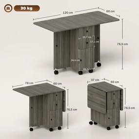 Mesa de cozinha dobrável, com 2 tampos rebatíveis, 2 gavetas e 1 armário cinzenta