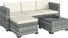Outsunny Conjunto de móveis de jardim em polirrattan 5-peças, conjunto lounge com sofá de canto, pufe, mesa, almofadas de assento- &amp; encosto Cinza+CremeBranco | Aosom Portugal
