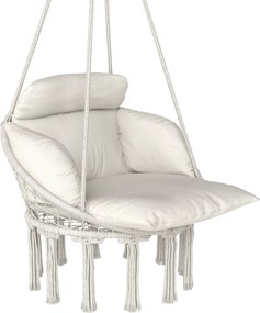 Outsunny Cadeira suspensa com grande almofada acolchoada rede poltrona suspensa com franjas kit de suspensão 80 x 60 x 40 cm creme | Aosom Portugal