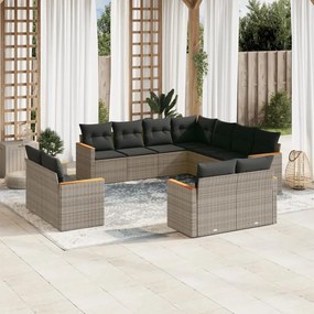 11 pcs conjunto sofás de jardim c/ almofadões vime PE cinzento