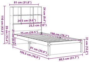 Cama com estante sem colchão 75x190 cm pinho maciço branco